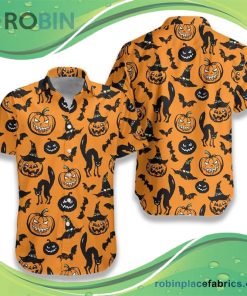 Halloween Black Cat Pumpkin And Bat Orange Hawaiian Shirt