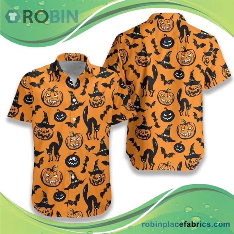 Halloween Black Cat Pumpkin And Bat Orange Hawaiian Shirt