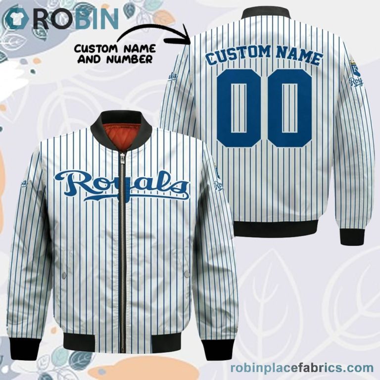 Kansas City Royals MLB Uniform Stripes Custom Name Number Leather Bomber Jacket