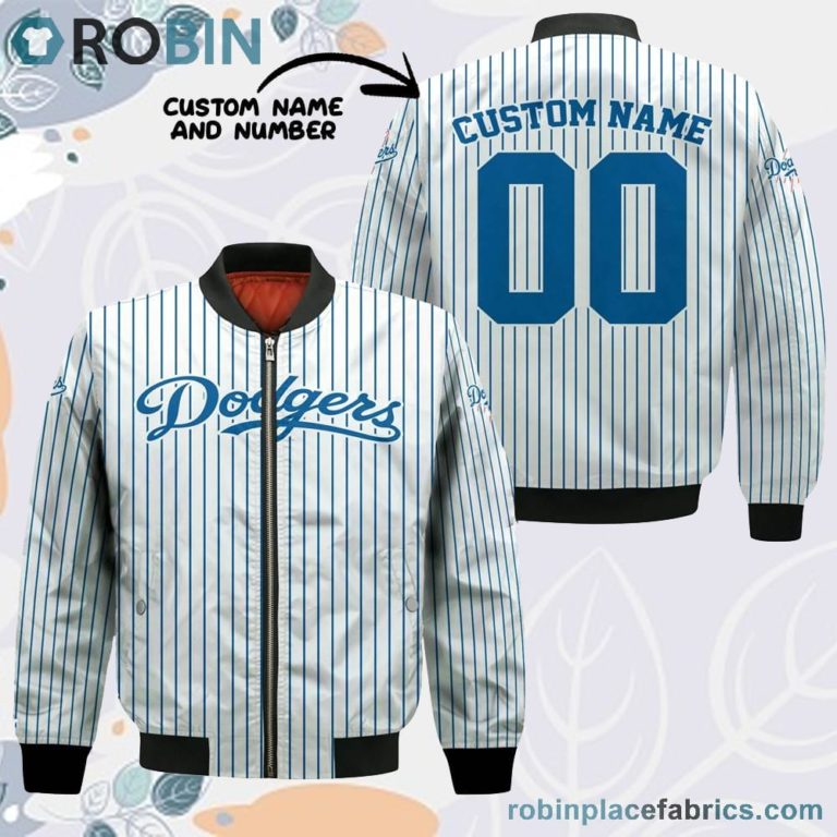 Los Angeles Dodgers MLB Uniform Stripes Custom Name Number Leather Bomber Jacket