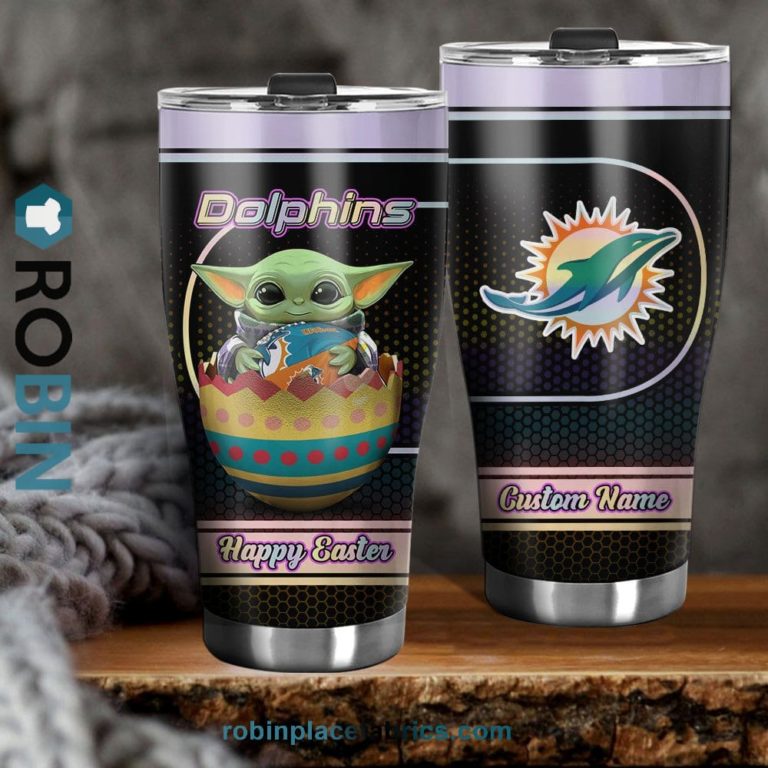 Miami Dolphins NFL Baby Yoda Happy Easter Custom Name Tumblers Cup