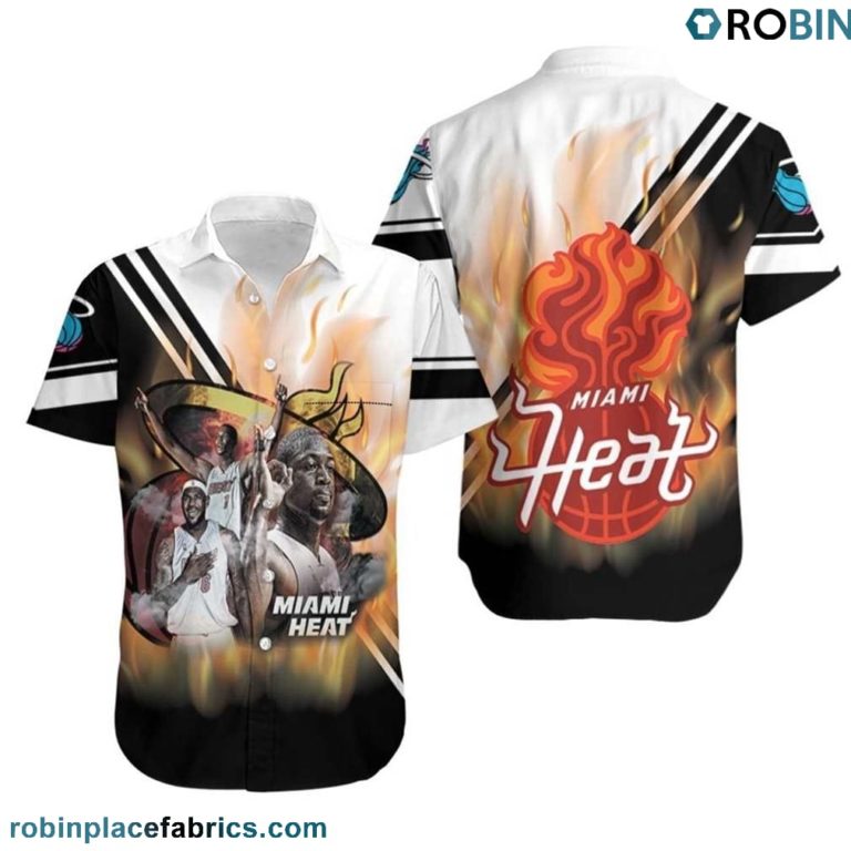 Miami Heat NBA Big Three Chris Bosh Lebron James Dwyane Wade On Fire Hawaiian Shirt