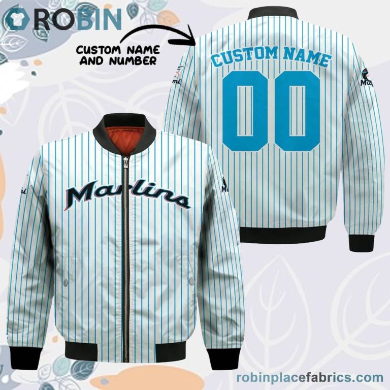 Miami Marlins MLB Uniform Stripes Custom Name Number Leather Bomber Jacket