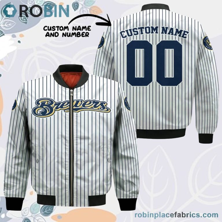 Milwaukee Brewers MLB Uniform Stripes Custom Name Number Leather Bomber Jacket