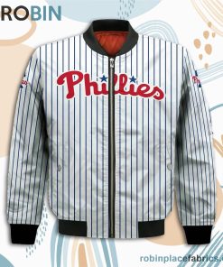 Philadelphia Phillies MLB Uniform Stripes Custom Name Number Leather Bomber Jacket