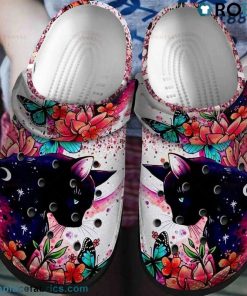Romantic Black Cat Tropical Flower Crocs Shoes