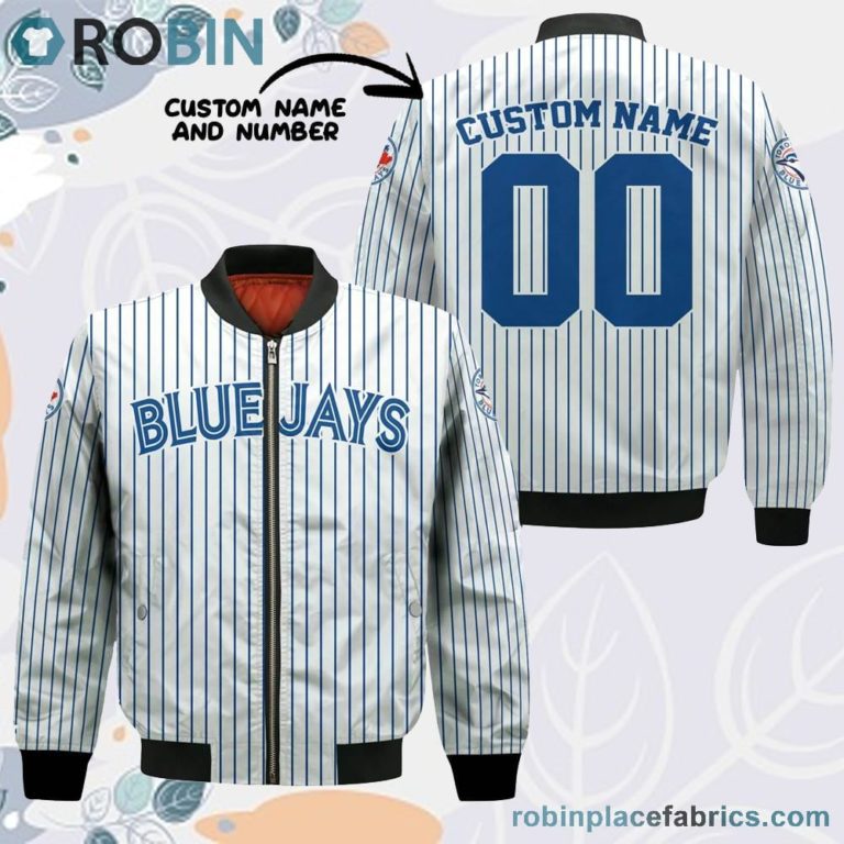 Toronto Blue Jays MLB Uniform Stripes Custom Name Number Leather Bomber Jacket