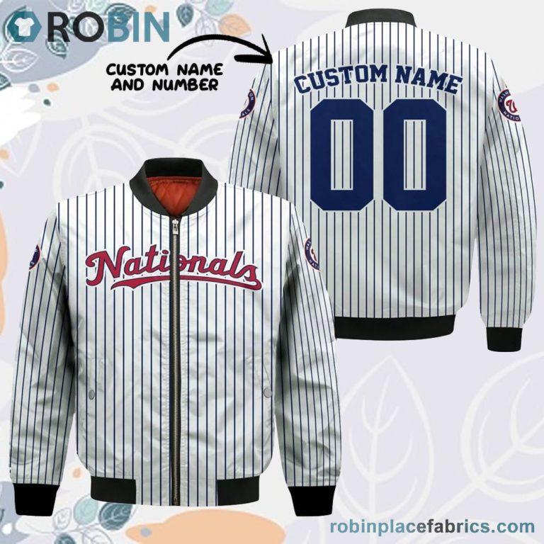 Washington Nationals MLB Uniform Stripes Custom Name Number Leather Bomber Jacket