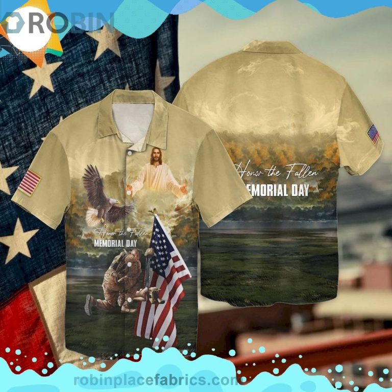 4th Of July Independence Day Eagle And Jesus Honor The Fallen Short Sleeve Button Down Hawaiian Shirt