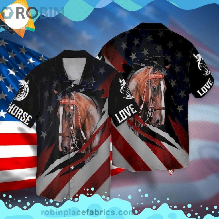 4th Of July Independence Day Love Horse American Flag Short Sleeve Button Down Hawaiian Shirt
