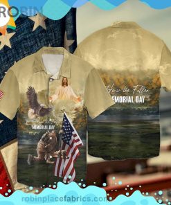 4th Of July Independence Day Memorial Day Eagle And Jesus Honor The Fallen Short Sleeve Button Down Hawaiian Shirt