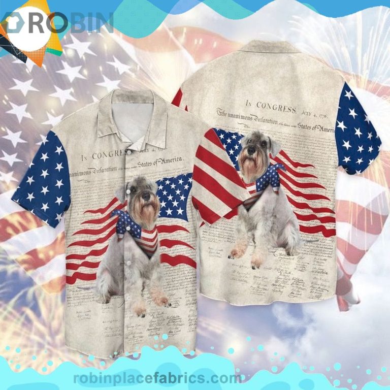 4th Of July Independence Day Schnauzer Patriotic American Flag Short Sleeve Button Down Hawaiian Shirt