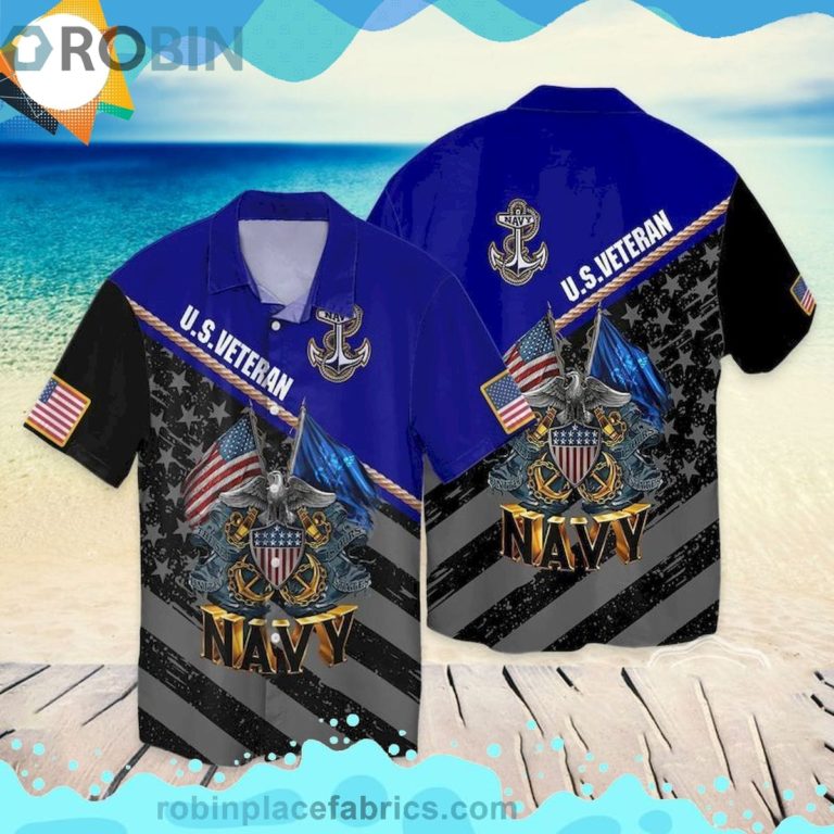 4th Of July Independence Day Veteran American Flag Eagle Navy Short Sleeve Button Down Hawaiian Shirt