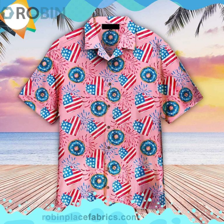 4th Of July Love American Donuts Short Sleeve Button Down Hawaiian Shirt
