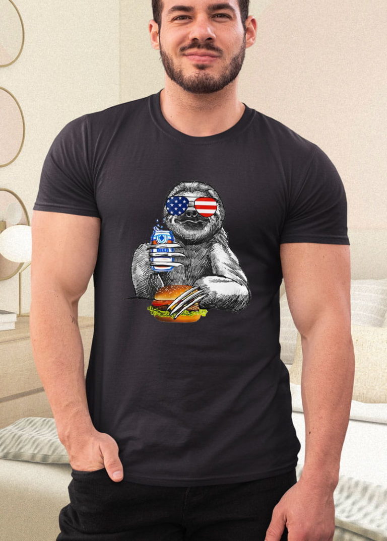 4th of July Sloth Drinking Beer Eating Hamburger Shirt