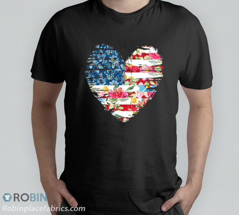 Womens 4th Of July Shirt American Flag Floral Heart T-Shirt & Hoodie
