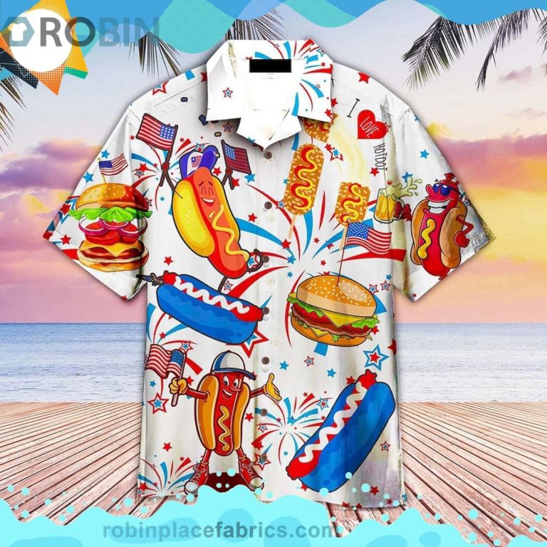 Funny American Hot Dog 4th Of July Independence Day Short Sleeve Button Down Hawaiian Shirt