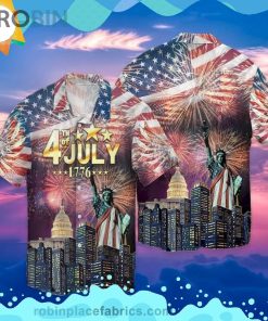 Happy 4th Of July Independence Day American Flag Statue Of Liberty Short Sleeve Button Down Hawaiian Shirt