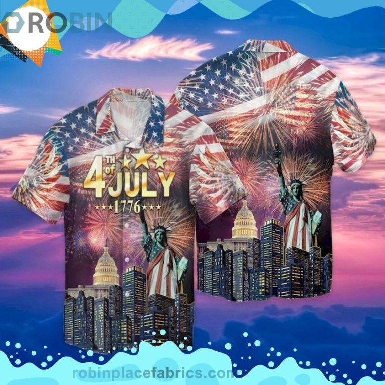 Happy 4th Of July Independence Day American Flag Statue Of Liberty Short Sleeve Button Down Hawaiian Shirt