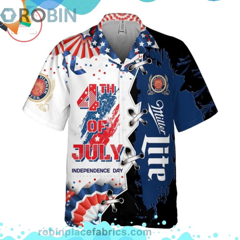 Miller Lite 4th Of July Independence Day Short Sleeve Button Down Hawaiian Shirt
