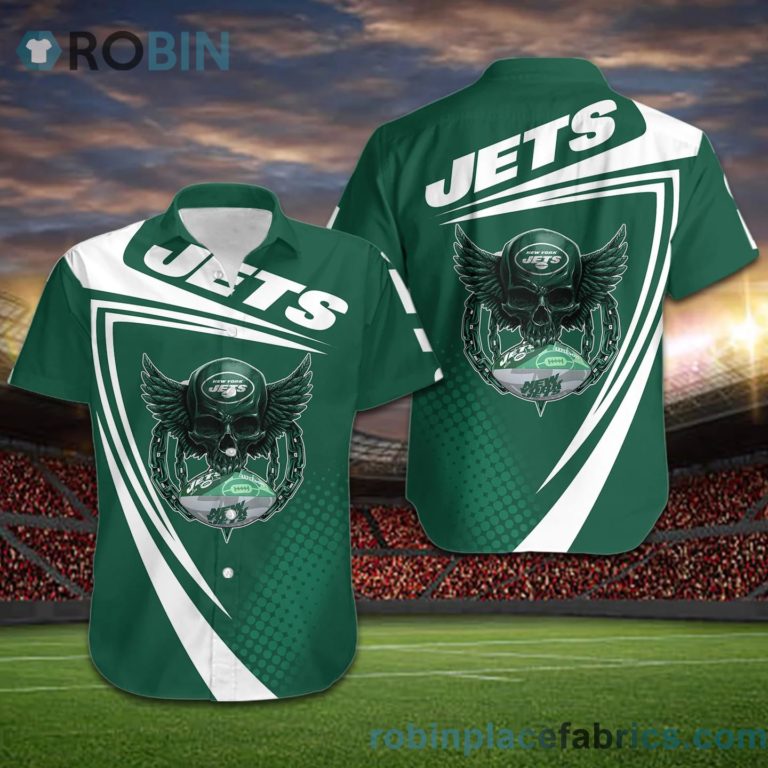 New York Jets NFL Skull American Football Short Sleeve Button Down Hawaiian Shirt