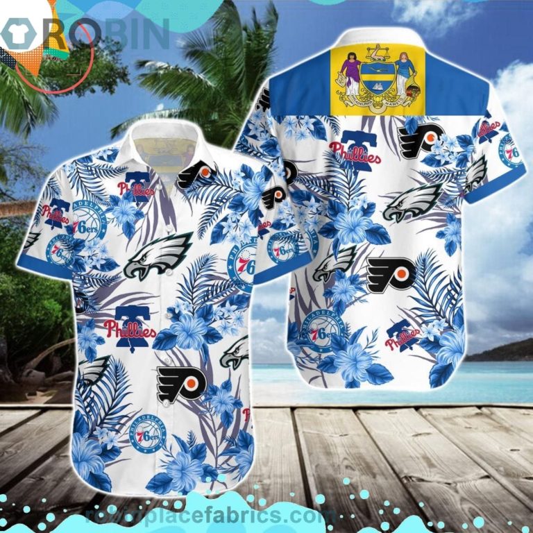 Philadelphia Eagles 76ers Phillies Flyers Short Sleeve Button Down Hawaiian Shirt