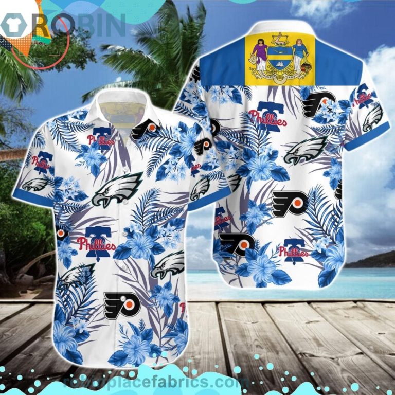 Philadelphia Eagles 76ers Phillies Short Sleeve Button Down Hawaiian Shirt
