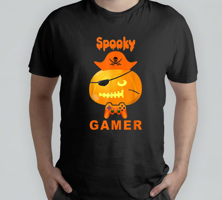 Spooky Gamer Pumpkin Pirate Halloween Video Gamer T-Shirt, Hoodie, Sweatshirt