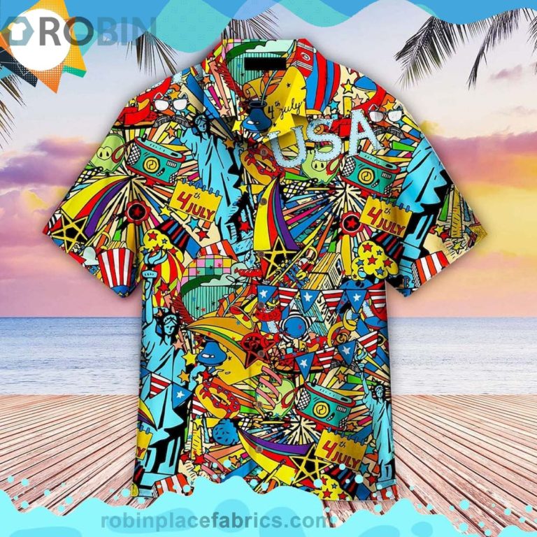 The 4th Of July Independence Doodles Short Sleeve Button Down Hawaiian Shirt