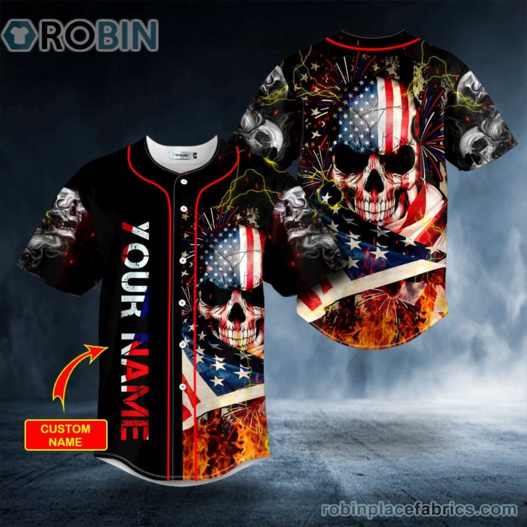 American Flag Firework Lightning Fire Skull Custom Baseball Jersey