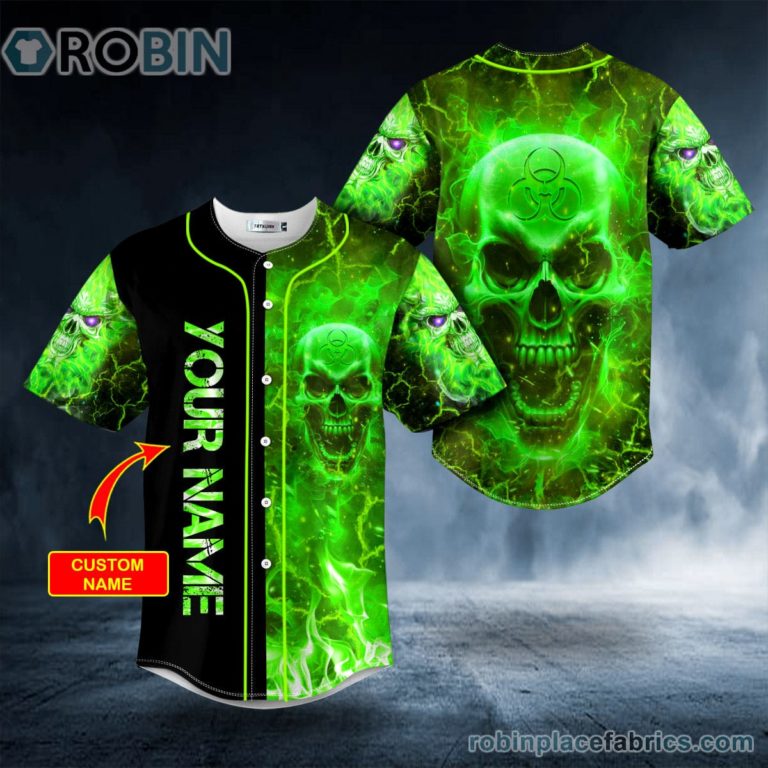 Biohazard Green Fire Skull Custom Baseball Jersey