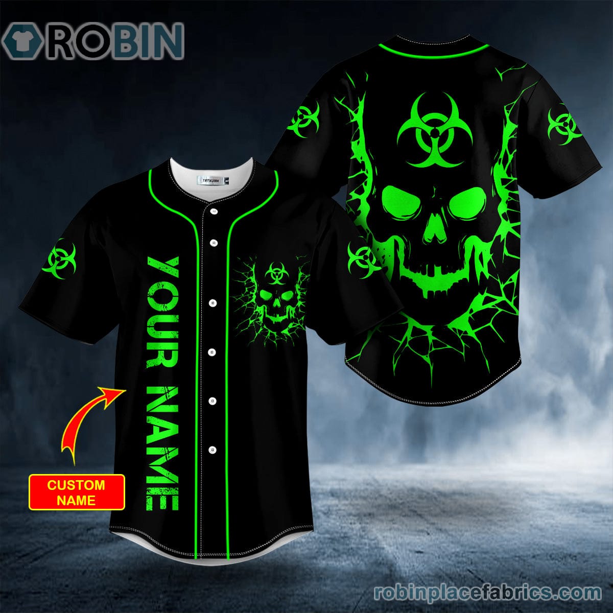 Biohazard Symbol Green Flame Skull Custom Baseball Jersey ...