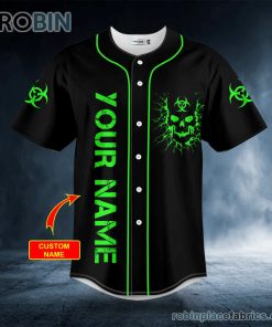 biohazard symbol green flame skull custom baseball jersey 385 1EBUC