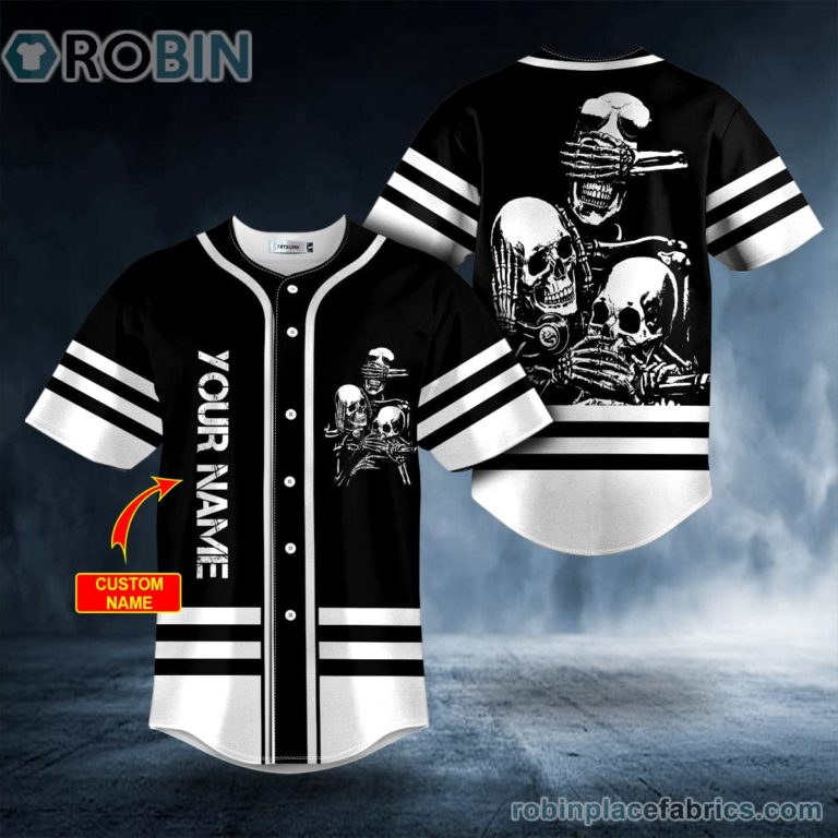 Black & White No Hear No See No Speak Skull Custom Baseball Jersey