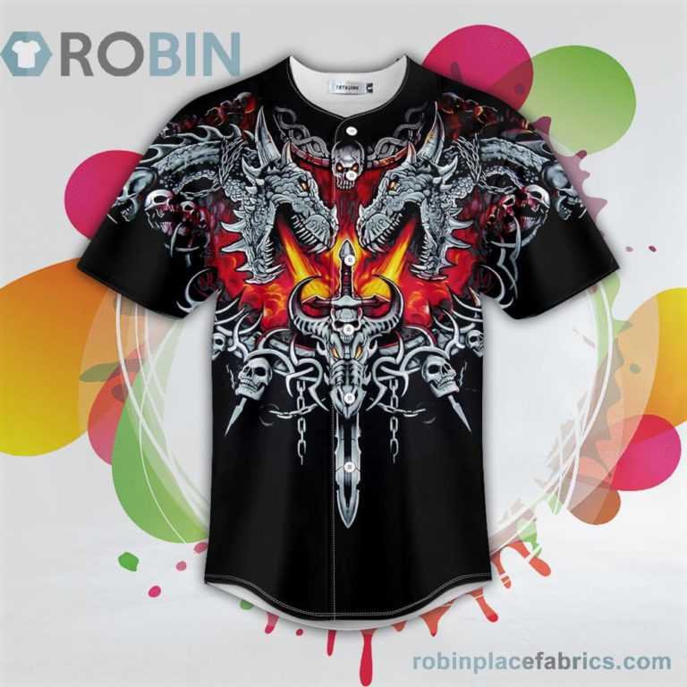 Black Dragon Sword Fire Skull Baseball Jersey RB6807