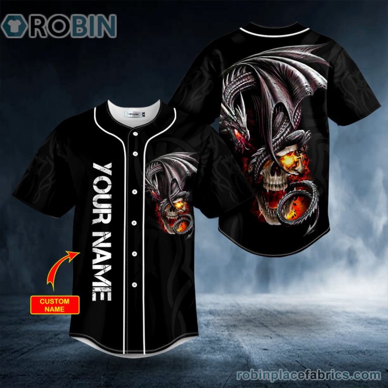 Black Gothic Dragon Fire Skull Custom Baseball Jersey