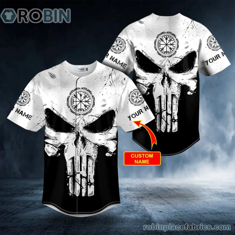 Black White Norse Compass Punisher Skull Custom Baseball Jersey