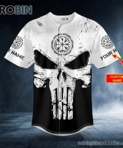 Black White Norse Compass Punisher Skull Custom Baseball Jersey Black White Norse Compass Punisher Skull Custom Baseball Jersey