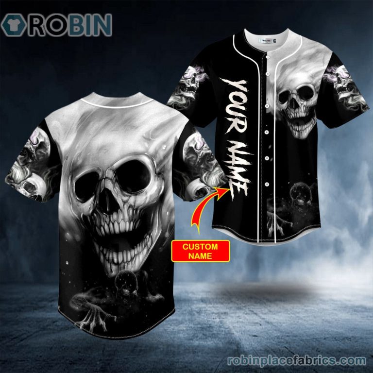 Black White Zombie Monster Motion Faded Skull Custom Baseball Jersey