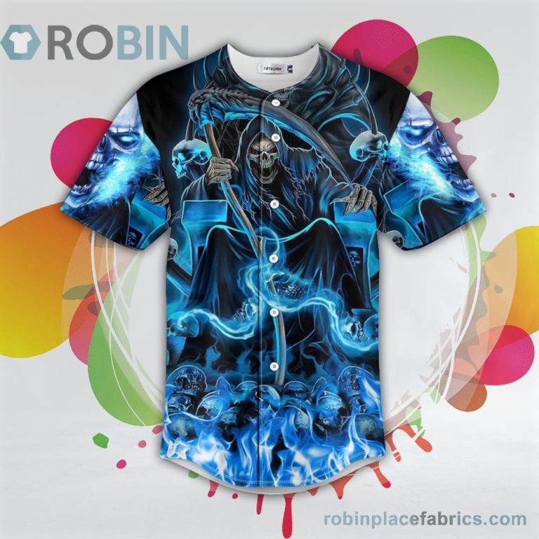 Blue Fire Grim Reaper Skull Baseball Jersey RB3150