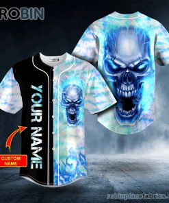 blue fire skull custom baseball jersey 170 bniJh