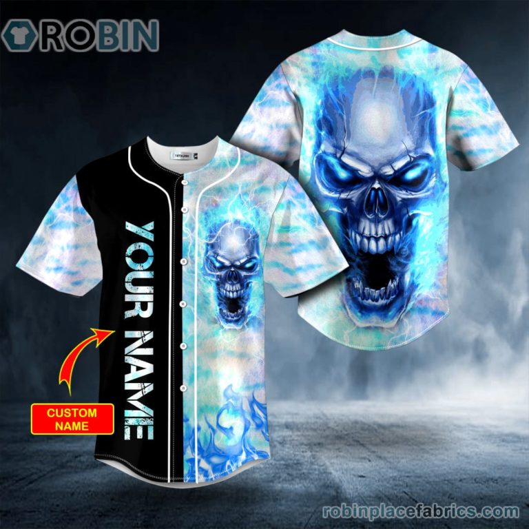 Blue Fire Skull Custom Baseball Jersey
