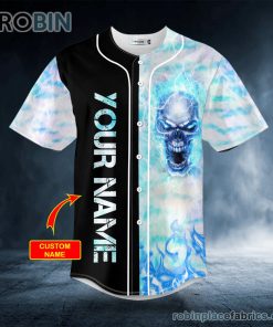 Blue Fire Skull Custom Baseball Jersey