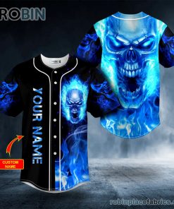 blue flaming skull custom baseball jersey 169 aTcMk