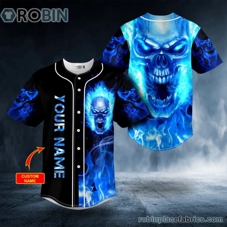 Blue Flaming Skull Custom Baseball Jersey