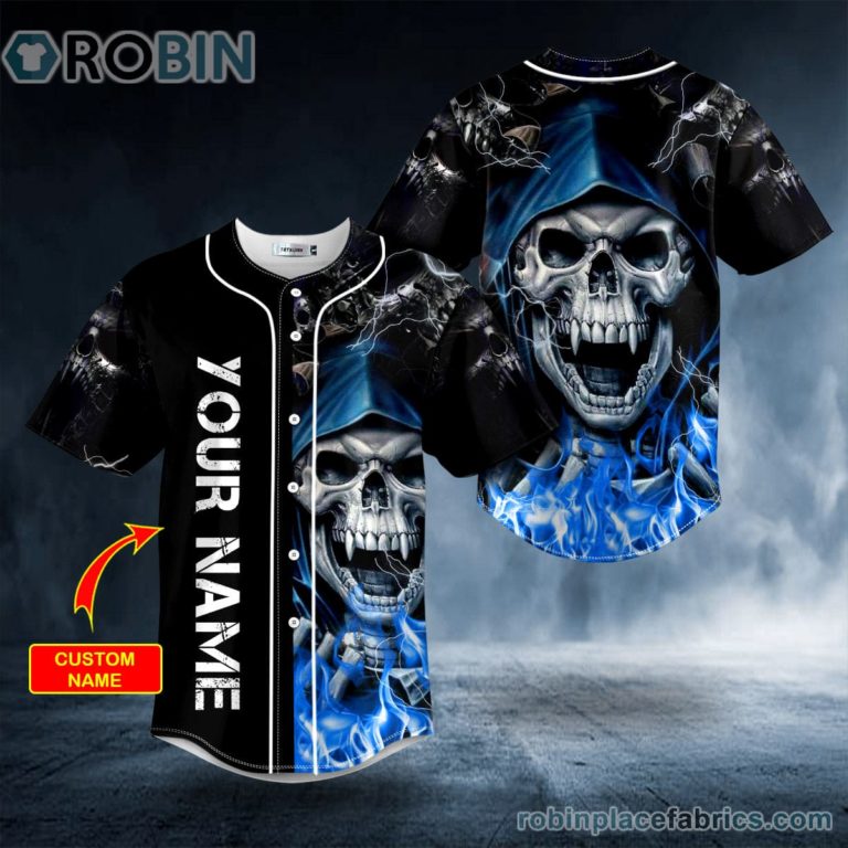 Blue Grim Reaper Lightning Fire Custom Baseball Jersey