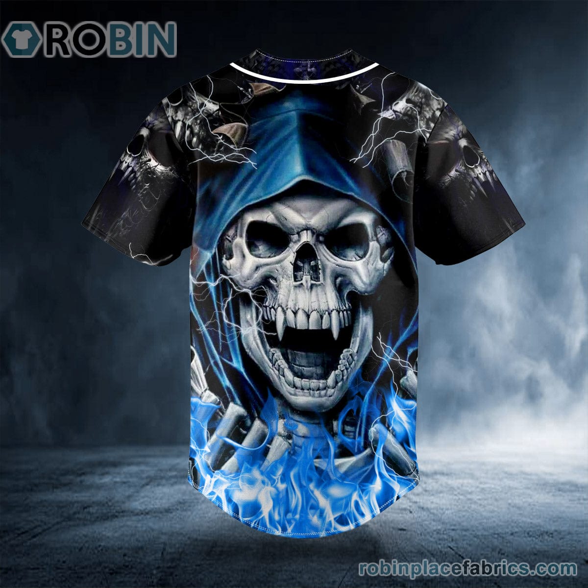 Blue Grim Reaper Lightning Fire Custom Baseball Jersey - RobinPlaceFabrics