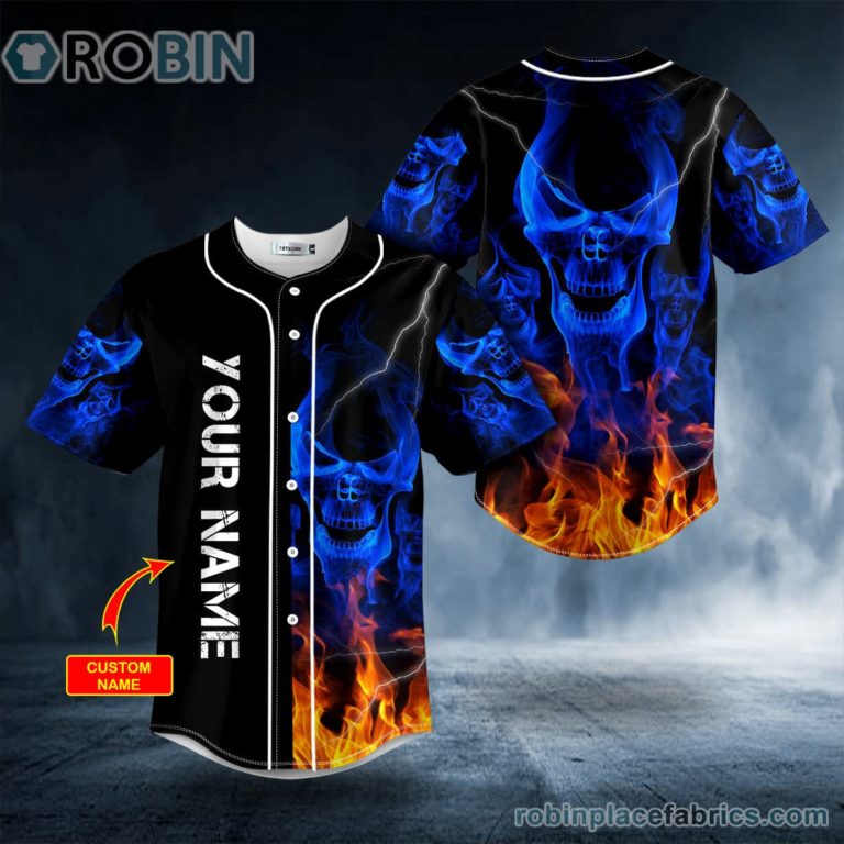 Blue Smoke Skeleton Fire Skull Custom Baseball Jersey