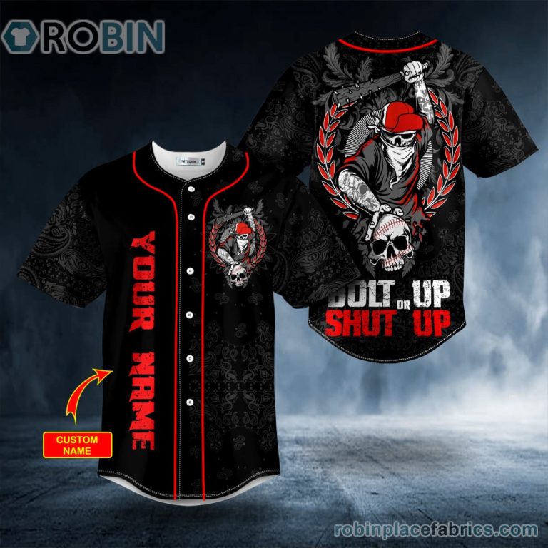 Bolt Up Or Shut Up Baseball Bat Skull Custom Baseball Jersey