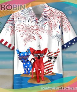 Chihuahua With Firework Casual Button Down Hawaiian Shirt Fourth Of July Patriotic Casual Button Down Hawaiian Shirt